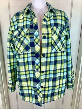 Empyre Cayden Button Down Flannel Blue & Green Sherpa Lined Jacket